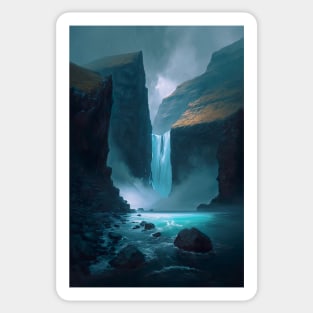 Painting - Low angle view of waterfall into the ocean of Faroe Islands in Europe, Sticker